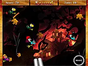 Character shooting a horde of ghosts, witches, and floating jack-o'-lanterns in the Halloween-themed arcade shooter game
