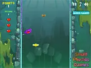 Sticky Jump online game screenshot showing a green character bouncing between two walls, collecting yellow floating fairies and dodging purple stink bubbles