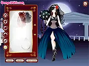 Screenshot from Lovely Vampire Dress Up game showing a girl in a gothic black and red vampire gown with a cape and fangs. Play free dress up games.