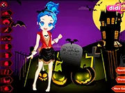 Screenshot of Happy Halloween Cutie dress up game showing a character model surrounded by various spooky and fun Halloween costumes and accessories. Play free online dress up games.