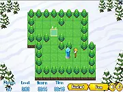 Crystal Sokoban free online game screenshot showing a worker pushing a blue crystal box onto a target spot within a maze of walls