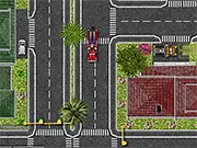 Gameplay screenshot of the free online driving game Tow Truck Operator showing a yellow tow truck with a small car attached via a hook, attempting to park in a clearly marked zone.