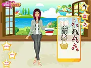 A stylish model wearing a chic, modern outfit composed entirely of perfectly matched striped clothes in the free online fashion game
