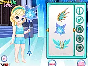 Screenshot of Elsa's Magical Staff game showing Queen Elsa holding a partially decorated ice-themed staff with crystal elements