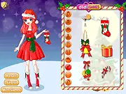 A lovely girl dressed in a beautiful, festive Christmas costume with a Santa hat and holiday accessories from the free online dress-up game
