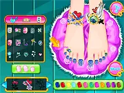 Screenshot of Flower Pedicure Designs game showing detailed toe nails decorated with various colors and small flower ornaments on PlayArcadeHub.