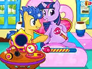 Gameplay screenshot of the free online caring game Twilight Sparkle Give Birth Twins showing the pony princess Twilight Sparkle and her two adorable newborn twin pony babies.