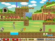Free online 2-player cooperative game thumbnail featuring Dino Dad and his small, flying dino son searching for meat on a prehistoric obstacle course.