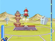 Free online rocket launch game thumbnail showing a small, upgraded rocket zooming upward through space, surrounded by planets and obstacles.