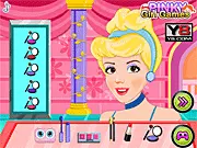 Screenshot of Pregnant Cinderella Party Prep game showing the princess getting a beautiful makeup and hairstyle makeover before choosing her party dress on PlayArcadeHub.