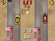 Screenshot of Twin Drivers Level Over 9000 showing two cars dodging traffic, trains, and collecting coins and gems in an online free game