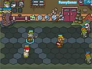 Screenshot of the Zombie Tactics turn-based game showing a team of survivors strategically positioned on a grid map, facing a group of aggressive zombies. Play this free tactical game online.