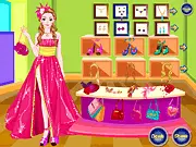 Screenshot of the Shopping For Party Dress Up game showing a girl trying on a glamorous gown with a selection of shoes and accessories.
