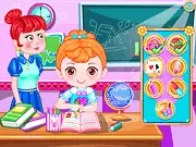 Screenshot of Baby Classroom Slacking free online game showing the baby secretly playing with toys in the classroom while the teacher is not looking