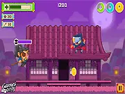 Screenshot of Zippy Ninja action game, showing a ninja character fighting multiple masked villains with weapons and a glowing magical 'spell' effect in a traditional Japanese dojo.