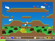 Screenshot of Loot Hero Flash game showing a knight character charging through a pixelated fantasy world, surrounded by coins and fallen enemies. Play this free action game online.