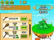 Screenshot of the Clicker Monsters game interface showing a large monster being attacked by a hero with damage numbers popping up, along with buttons for collecting gold and upgrades. Play this free idle clicker game online.
