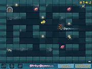 Screenshot of Emily and the Magic Maze game, showing a little girl character named Emily running through a dark, spooky maze while avoiding a cartoon-style evil monster.