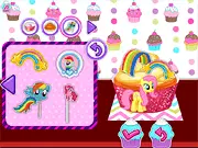 Screenshot from Baby Princess Little Pony Cupcakes game showing a bowl of batter and various baking ingredients on a kitchen counter. Play free cooking game online.