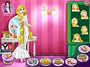 Screenshot of Rapunzel Wedding Party free online game showing the princess trying on a beautiful bridal gown and diamond jewelry