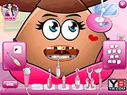 Pou Girl Tooth Doctor game screenshot, player acting as dentist to fix Pou Girl's teeth problems, free online game