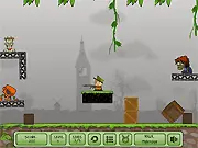 Zombie Die Hard 2 free online physics shooter screenshot showing a character aiming a gun at zombies near explosives and physical objects