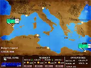 A medieval map and trade route screen showing ships and resources in the strategic free online game, Merchant War.