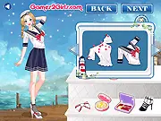Two girls, Ellen and Sue, wearing stylish nautical sailor outfits featuring stripes, white, and navy clothing