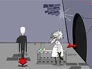 Slenderman Saw Game free online point-n-click horror spoof game screenshot with Slenderman and Pigsaw on PlayArcadeHub