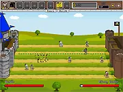 Screenshot of the online game Men of Iron showing medieval knights attacking an enemy castle while archers defend a tower against orcs and rock monsters