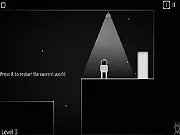 Screenshot of Isolated Subject showing a dark, atmospheric 2D platformer with the main character standing on a platform split into two visible parallel worlds.