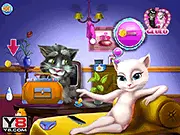 Talking Angela holding her new born baby kitten in a doctor or hospital setting, image from the New Born Baby game.