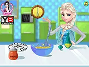 Elsa's Pound Cake Cooking game screenshot, Elsa baking a large cake in the kitchen, free online cooking game, character following a baking recipe