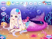 Screenshot of the online game Beach Mermaid Princess, showing the mermaid Selena ready to be dressed up with a new tail, top, and waterproof makeup