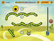Flight Of The Bee game screenshot, a tiny bee flying through a complex 2D level full of dangerous obstacles