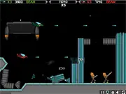 Gameplay screenshot of AI Vendetta showing geometric structures collapsing onto enemy AI droids below, creating a large score combo