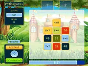 Gameplay screenshot of Pyth math game showing a multiplication problem with multiple-choice answers in a digital style