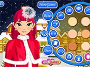A girl in a glamorous, festive dress and holiday makeup from the Christmas Party Makeover game.