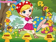 Little Girl Picking Mushroom dress up game screen showing Jenny in a field with a basket of mushrooms and various clothing options for the spring festival