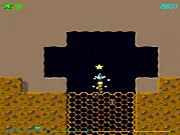 Gameplay screen of Hyper Travel showing a futuristic vehicle flying between large abstract geometric structures while collecting glowing stars