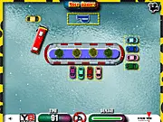 A screenshot of the Ben 10 Winter Ice Bus Parking game, showing a yellow bus maneuvering on a slick, snowy road.