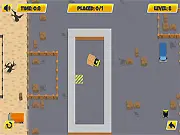 Storage Dash free online Sokoban puzzle game screenshot showing a character pushing a wooden box toward a target spot on a storage floor.