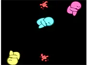 Gameplay screenshot of Salvation showing several dark, stylized figures floating in a void, each needing a quick click of the right colored light to be saved