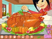 Emily's Diary Inviting Thanksgiving free online cooking game screenshot of Ami preparing a turkey on PlayArcadeHub