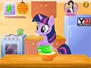 Twilight Sparkle cooking Red Velvet Cake free online game, showing the pony character mixing the red cake batter in a kitchen