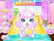 Super Cat Emergency Birth free online doctor game image showing a cartoon superhero cat in a hospital bed with a doctor or vet performing a check-up on PlayArcadeHub.