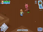 Screenshot of the Exorcist adventure RPG game, showing the priest character fighting a demon while collecting a hat and weapon, free online game