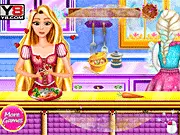 Free online game featuring Elsa and Rapunzel in a funny cooking competition sabotage scene