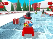 Screenshot of Snowman Christmas Racing showing a snowman driving a decorated red car on a snowy, hilly track with Christmas presents