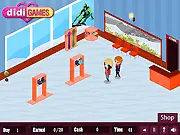 Winter Sports Shop free game screenshot, a manager serving customers in a ski equipment store